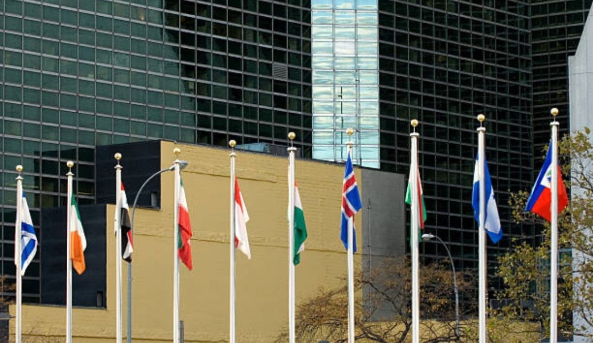 Flags of various countries flying outside the United Nations headquarters in New York 