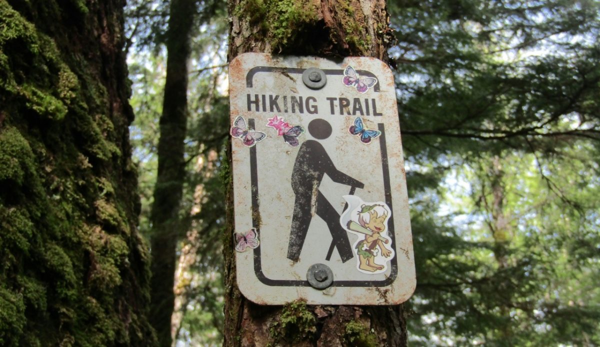 12 Common Mistakes Travelers Make When Visiting National Parks 10 Hiking trail sign with stickers of butterflies and a cartoon character