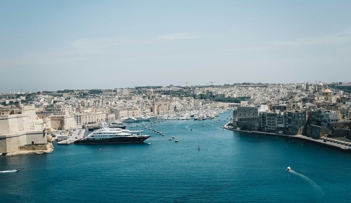 Aerial view of Valletta, Malta, with yachts docked in the harbor 