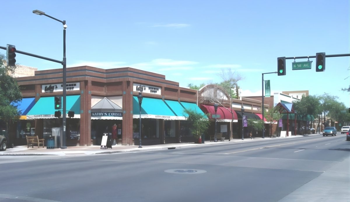 10 Arizona Cities Retirees Often Avoid Living In 2 Glendale, Arizona Downtown area with storefronts and traffic lights