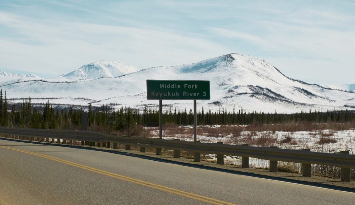 Sign marking Middle Fork Koyukuk River, Dalton Highway, Alaska 