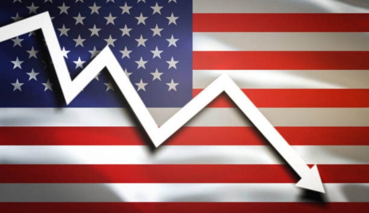White downward arrow graph over the American flag symbolizing economic decline 