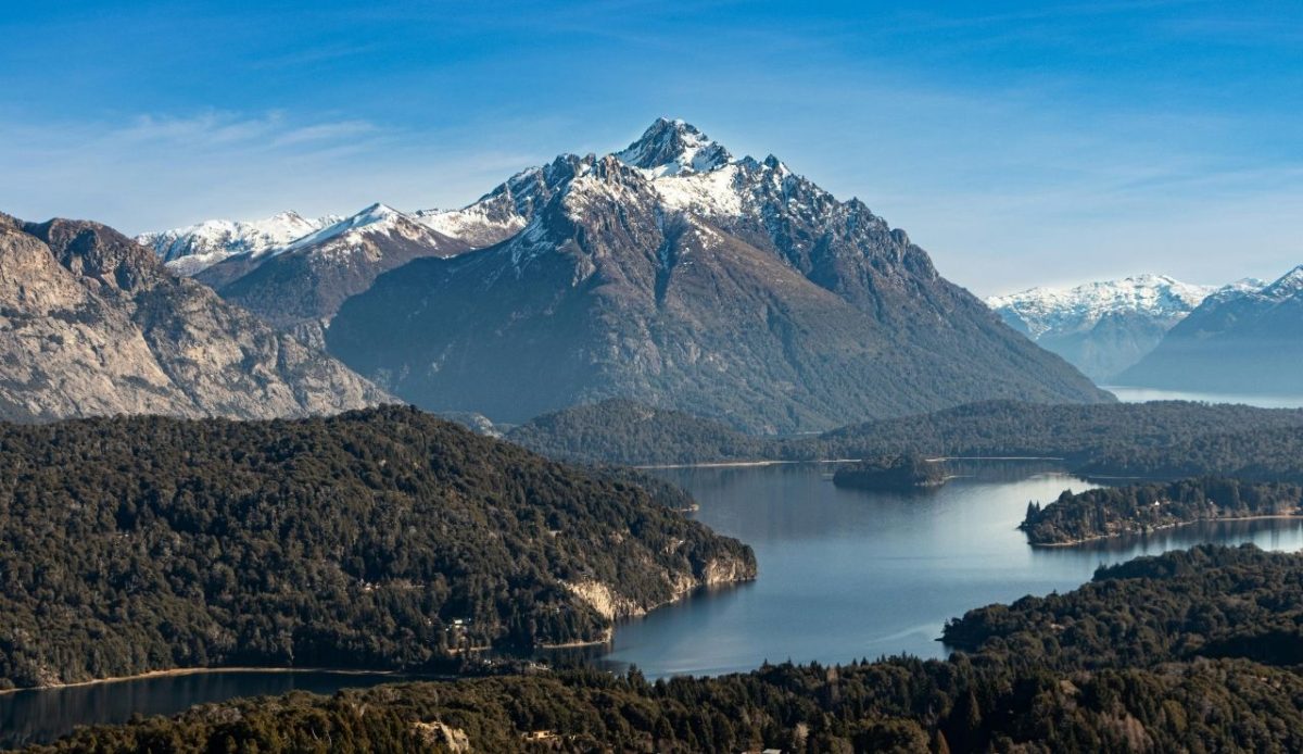 Snow-capped Andes mountains reflected in Nahuel Huapi Lake, San Carlos de Bariloche, Argentina