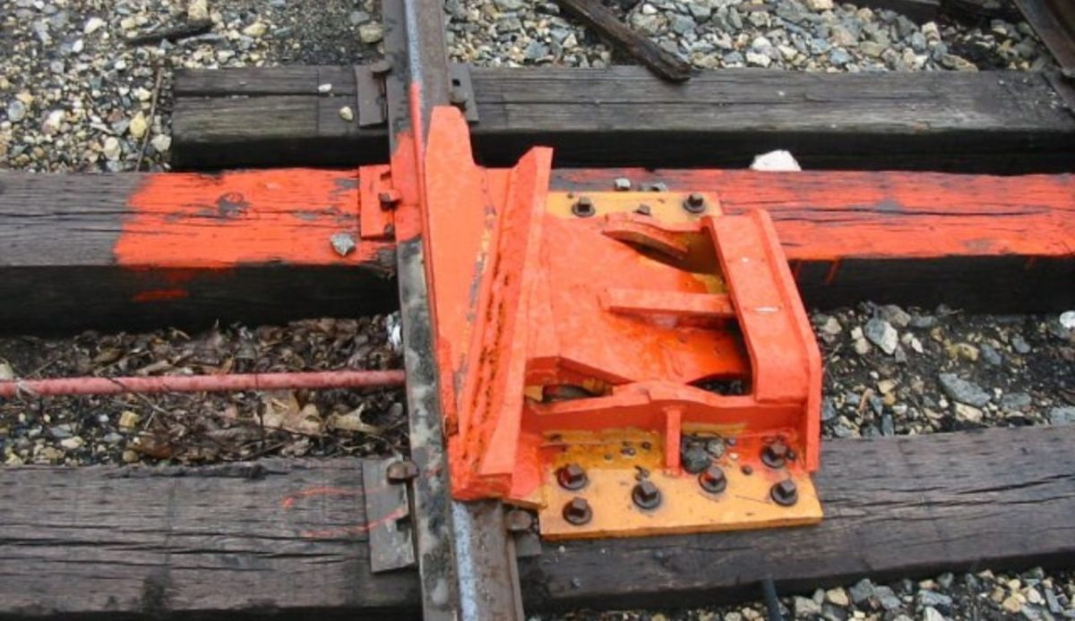 10 Everyday American Phrases That Came From Railroads 6 A derail device installed on a siding at Glen Haven, Wisconsin, oriented to protect track located off the bottom of the picture