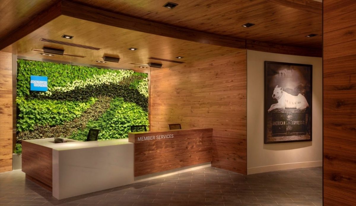 American Express member services desk with wood paneling and green plant wall in miami        