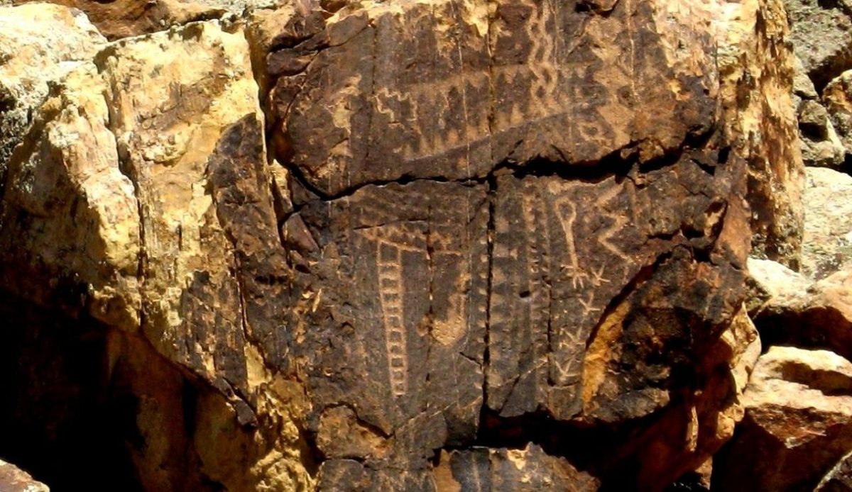 Ancient petroglyphs on rock walls at Parowan Gap, near Parowan, Utah