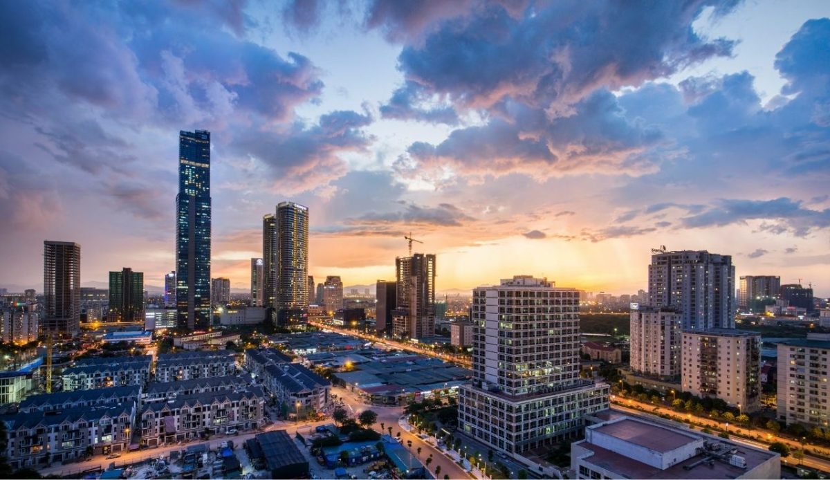 City skyline at sunset in Hanoi, Vietnam