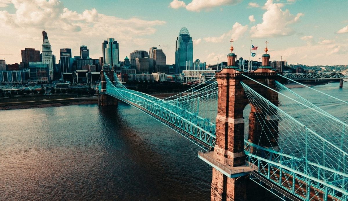 Cityscape of Cincinnati's Roebling bridge,Cincinnati, Ohio