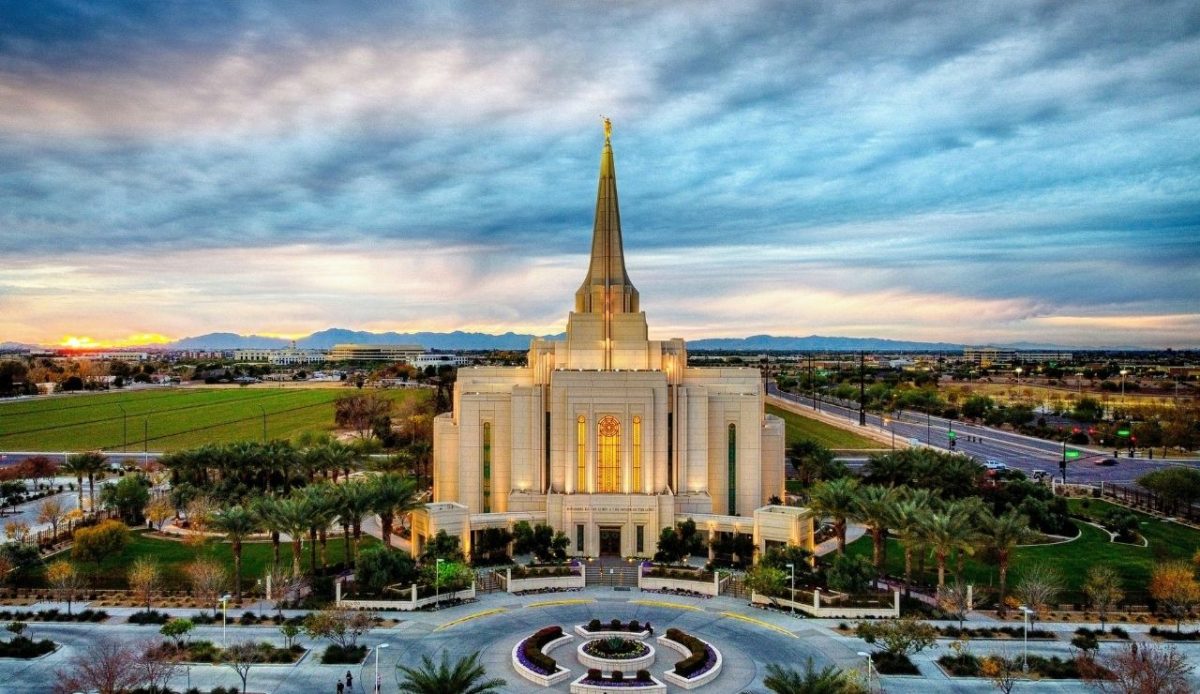 Gilbert Arizona Temple at sunset, South Greenfield Road, Gilbert, AZ, USA