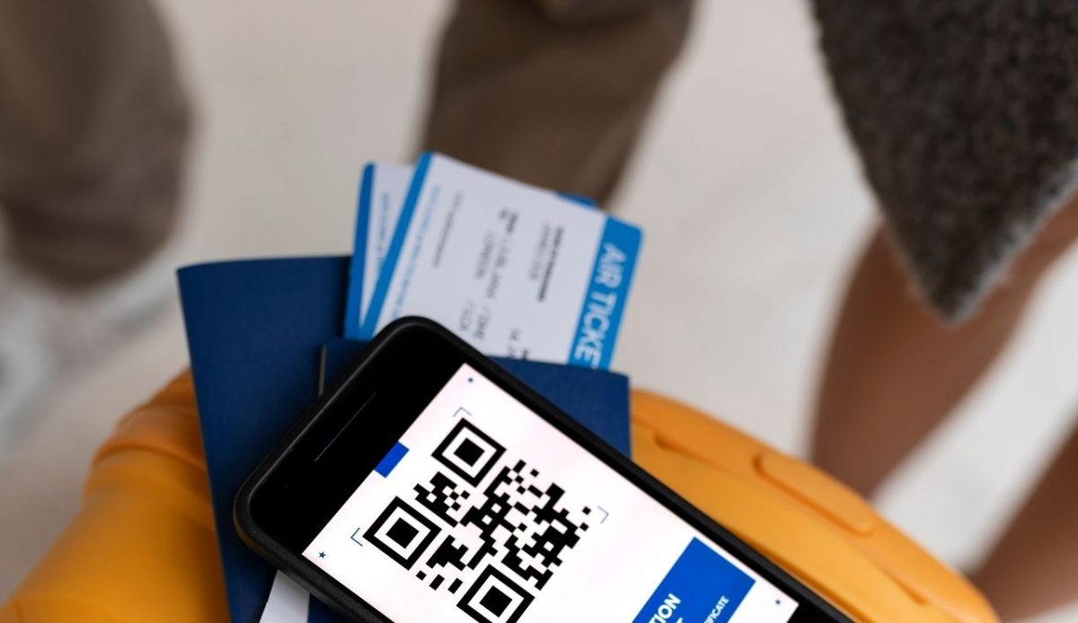 High angle smartphone with barcode display on it       