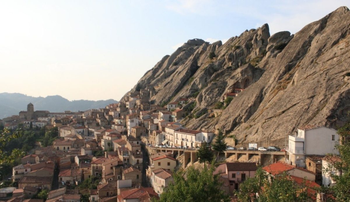 Hill town of Pietrapertosa with mountain backdrop, Italy