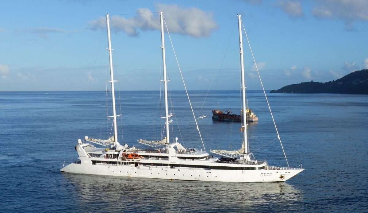Le Ponant luxury sailing yacht cruising off the coast of Seychelles