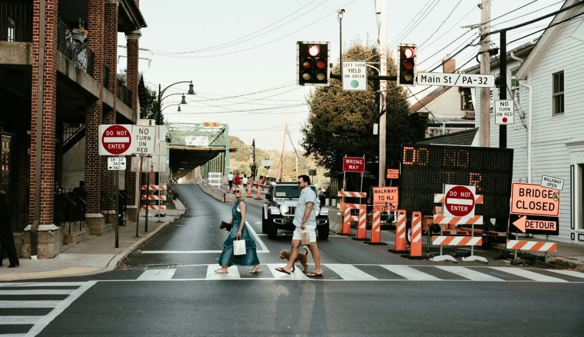 14 Charming Pennsylvania Towns Perfect for a Family Getaway 2 Main Street with bridge detour signs, New Hope, Pennsylvania