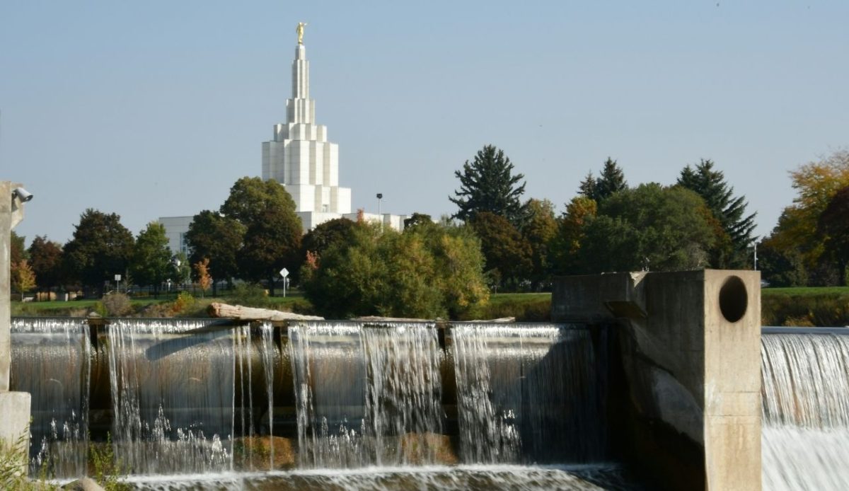 Morman church as viewed from the banks of snake river Idahofalls       