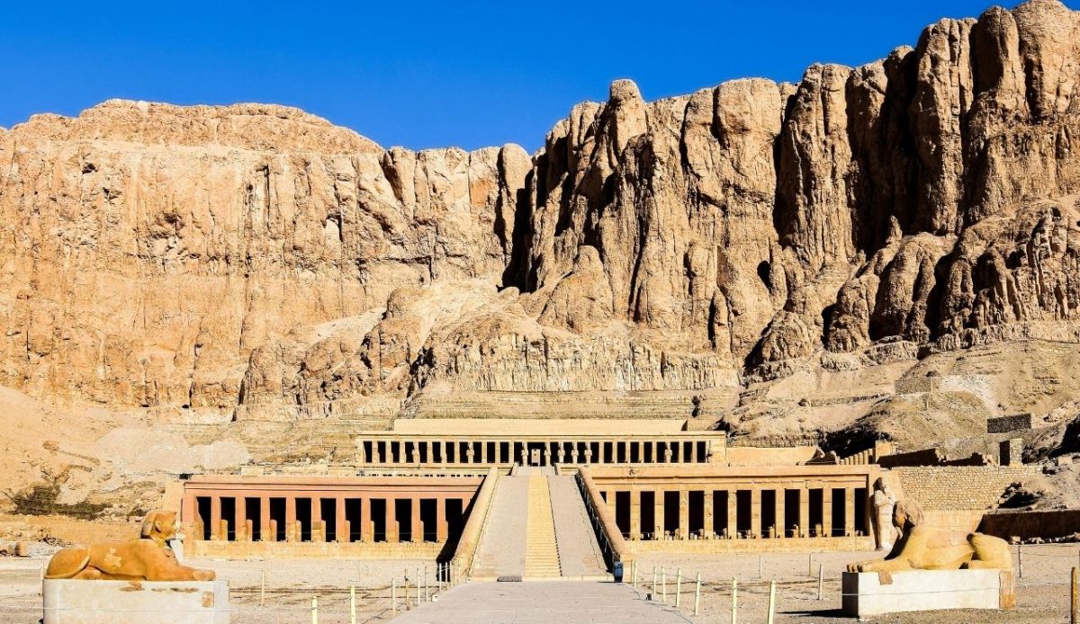 Mortuary Temple of Hatshepsut built into cliffs at Deir el-Bahari, Luxor, Egypt