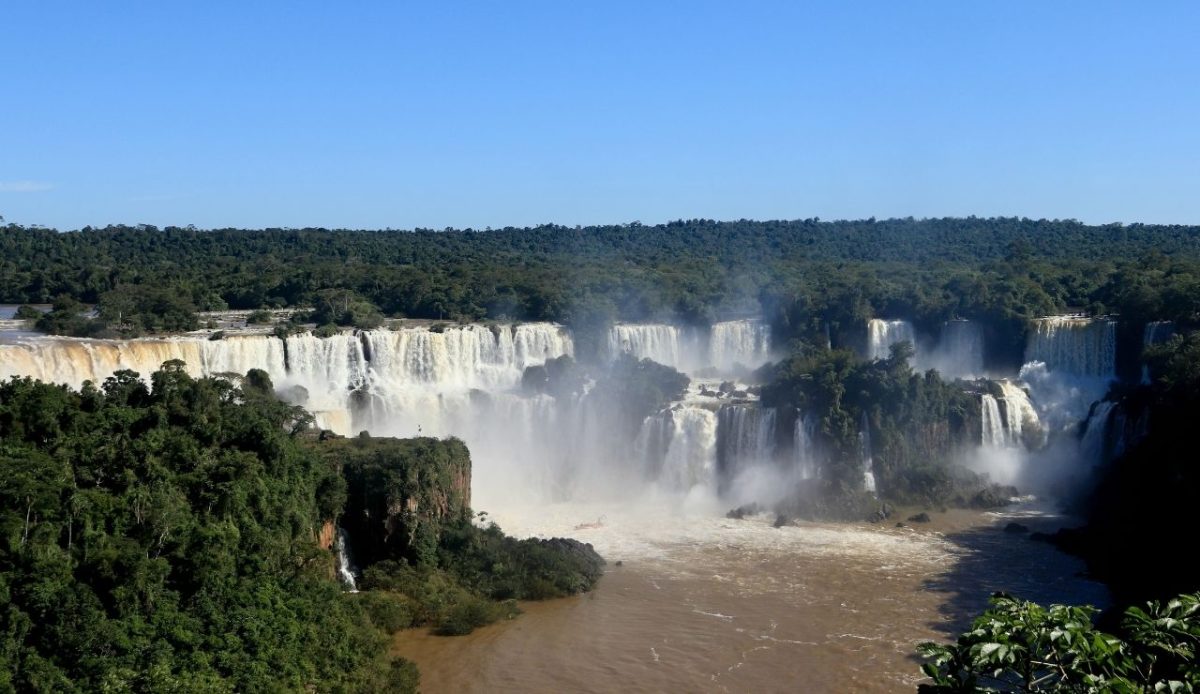 Panoramic view of Iguazu Falls surrounded by lush rainforest, Argentina