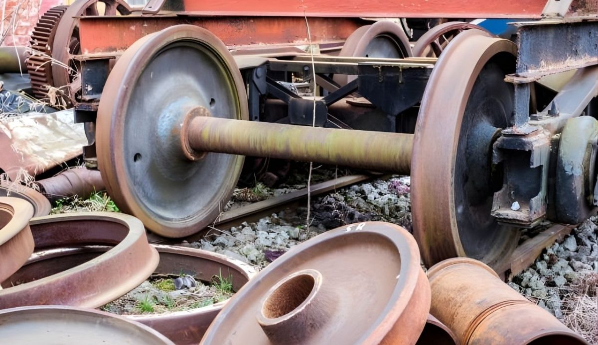 What Really Happens to Amtrak’s Old Trains After Retirement 1 Rusty train wheels and metal parts in an old rail yard