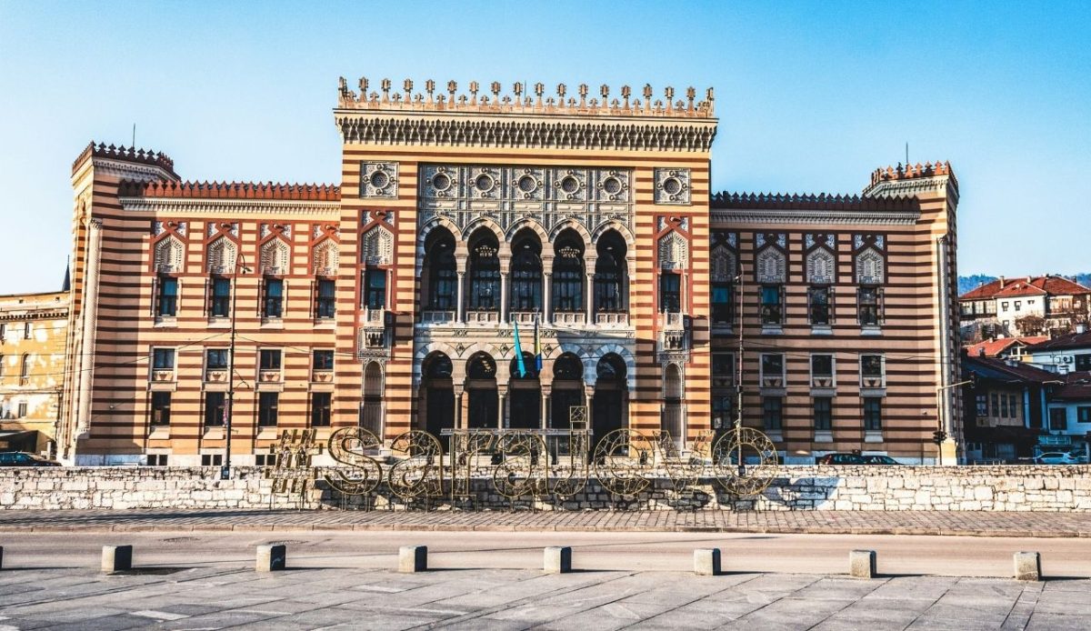 Sarajevo City Hall (Vijećnica) with Sarajevo sign in front, Sarajevo, Bosnia and Herzegovina