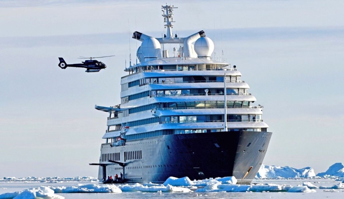 Scenic Eclipse expedition cruise ship sailing through Antarctic ice