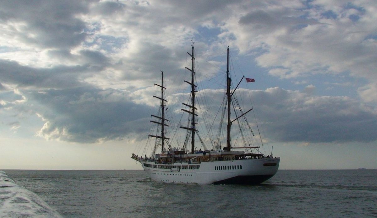 Sea Cloud II sailing yacht cruising near the coast of Italy 