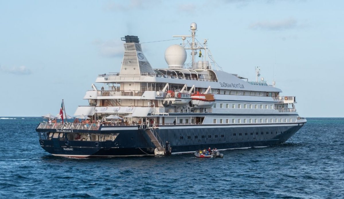 SeaDream I luxury cruise ship sailing near Nassau, Bahamas 