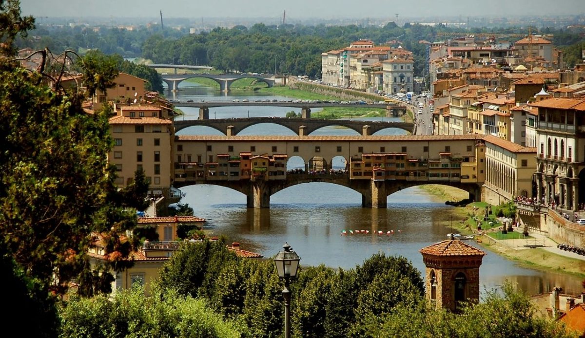 The Ponte Vecchio as seen from the hills in the western parts of Florence, Italy            