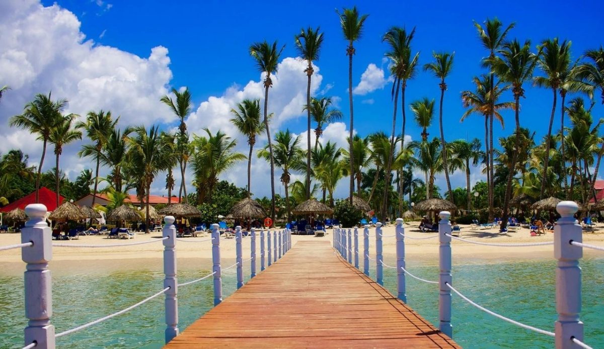Wooden pier leading to a palm-lined beach in Punta Cana, Dominican Republic