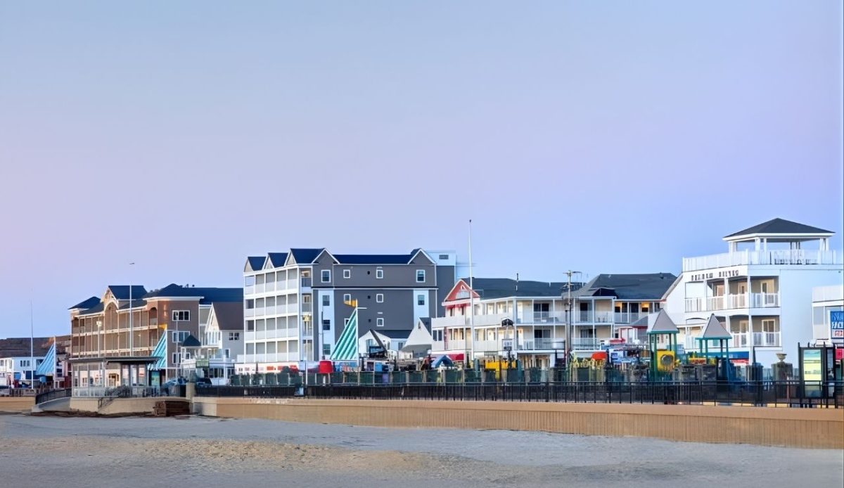 Colorful beachfront hotels and shops along Hampton Beach, New Hampshire, USA