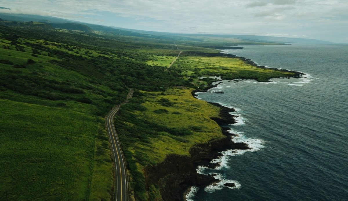 Coastal road along the coastline, lush greenery, and ocean in Hawaii 