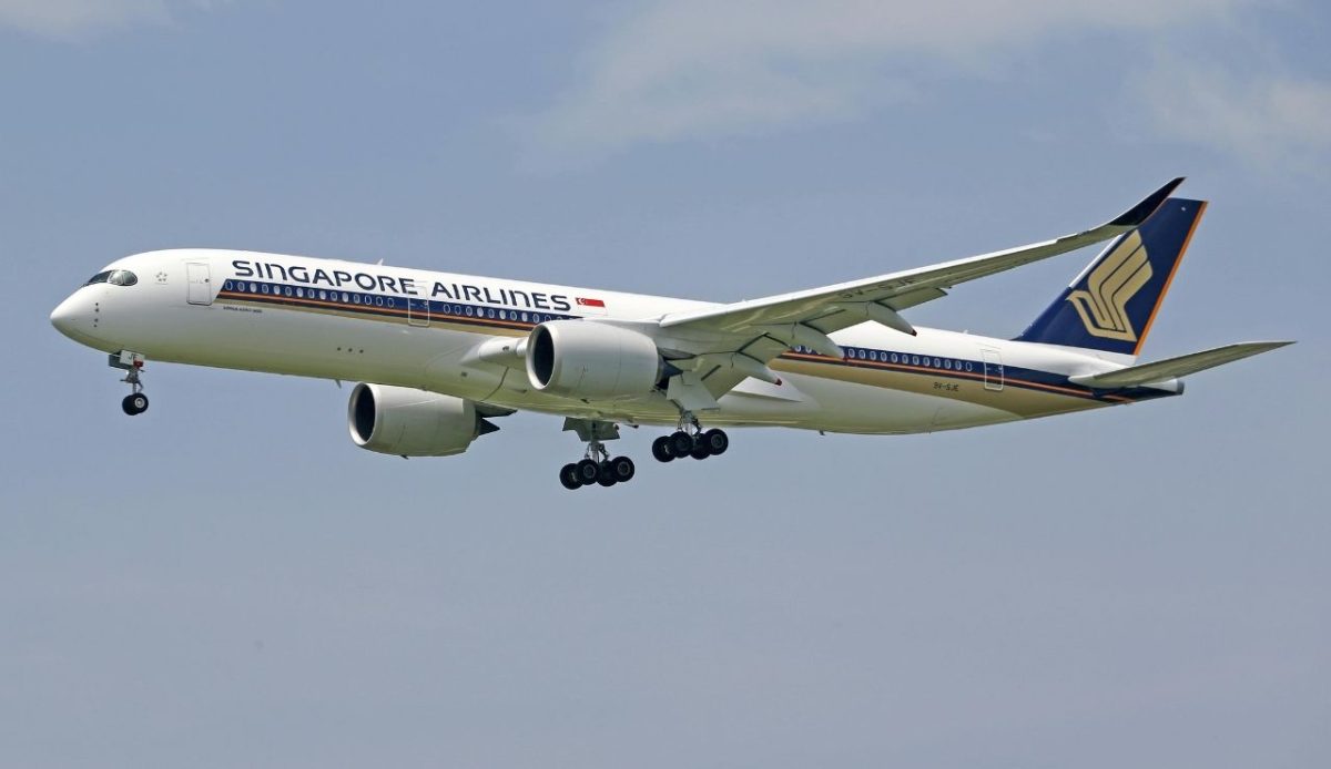 Singapore Airlines Airbus A350 in flight with landing gear down