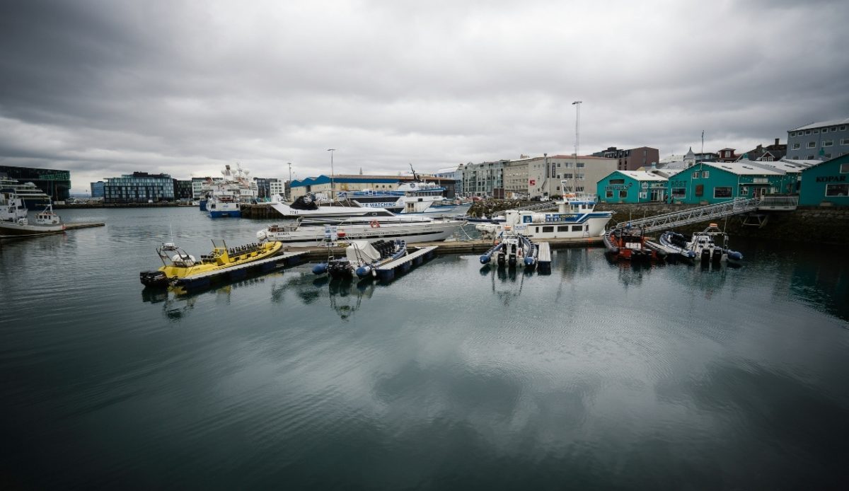 Reykjavik Harbor in Iceland with boats docked and buildings in the background 