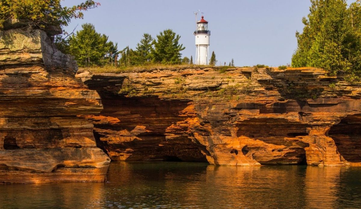 A lighthouse sits on top of devils island of the Apostle Islands in Lake Superior, Apostle Islands, Wisconsin                 