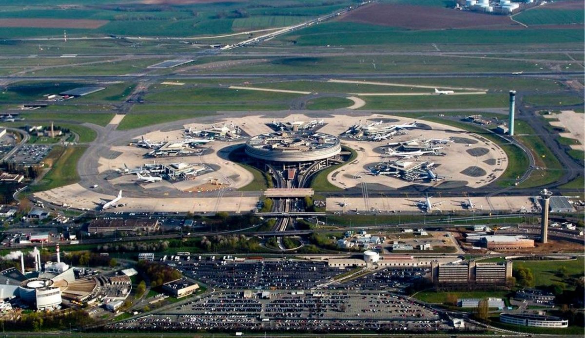 Aerial view of Terminal 1,  Paris Charles de Gaulle Airport, France           