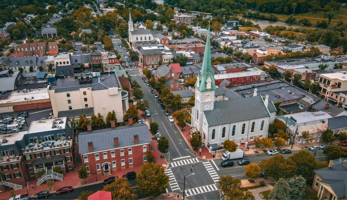 Aerial view of downtown Fredericksburg, Virginia with historic church