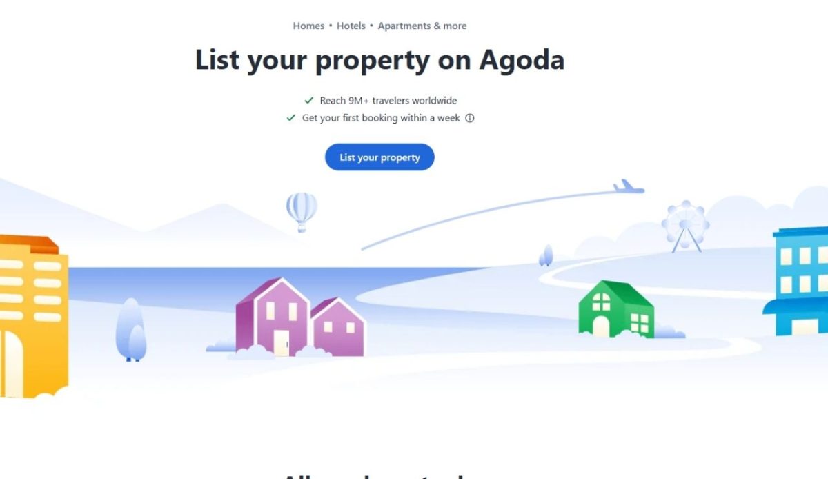 Agoda property listing page illustration showing homes and buildings with travel icons      