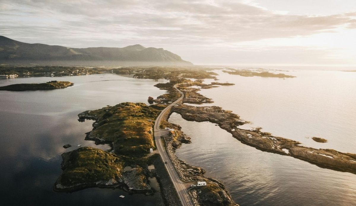 Atlantic Ocean Road winding across small islands in Møre og Romsdal, Norway                                   