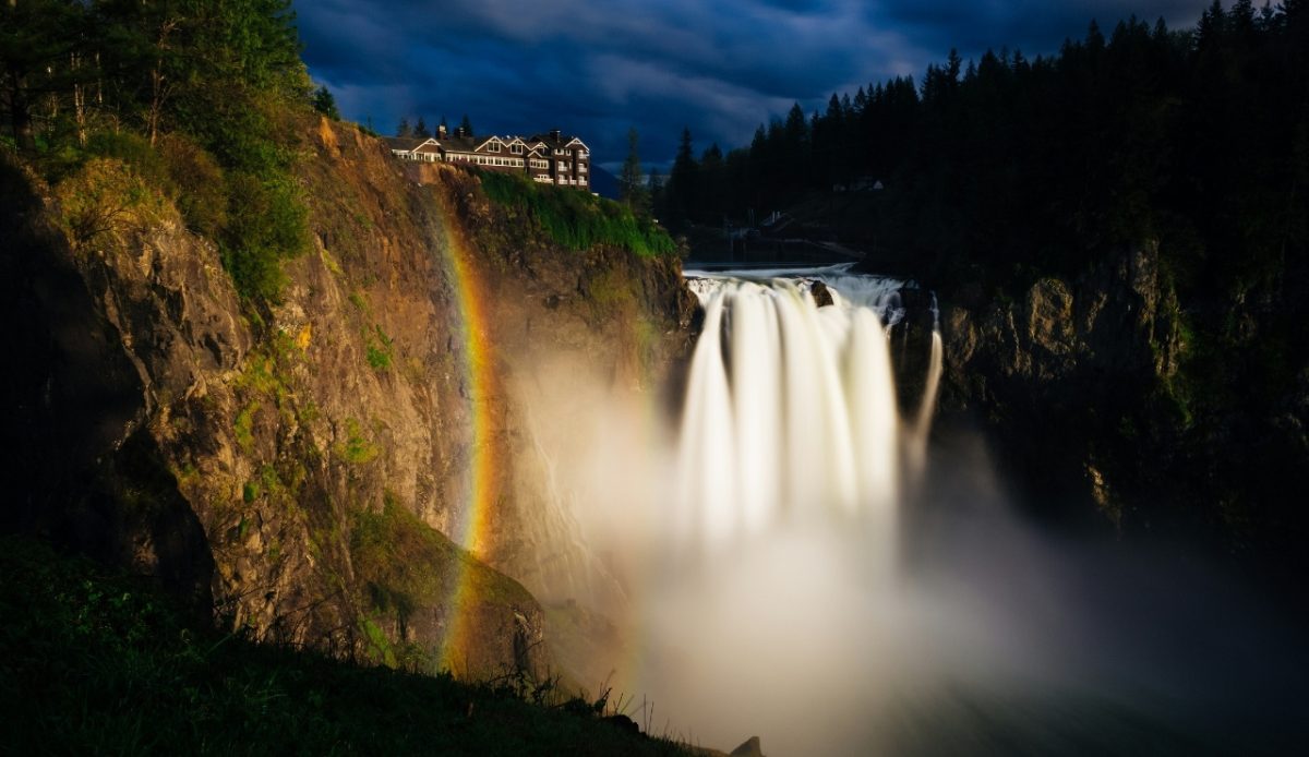 Snoqualmie Falls with a rainbow in Snoqualmie, Washington, USA 