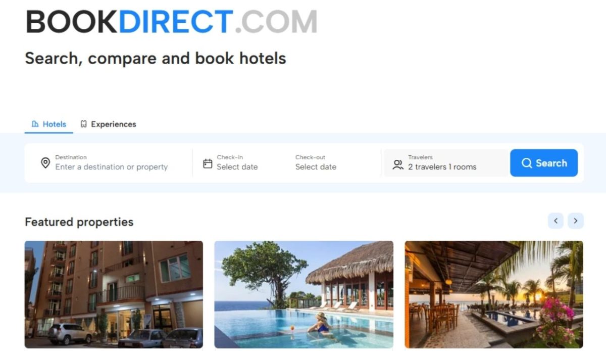 BookDirect homepage showing hotel search bar and featured hotel listings      
