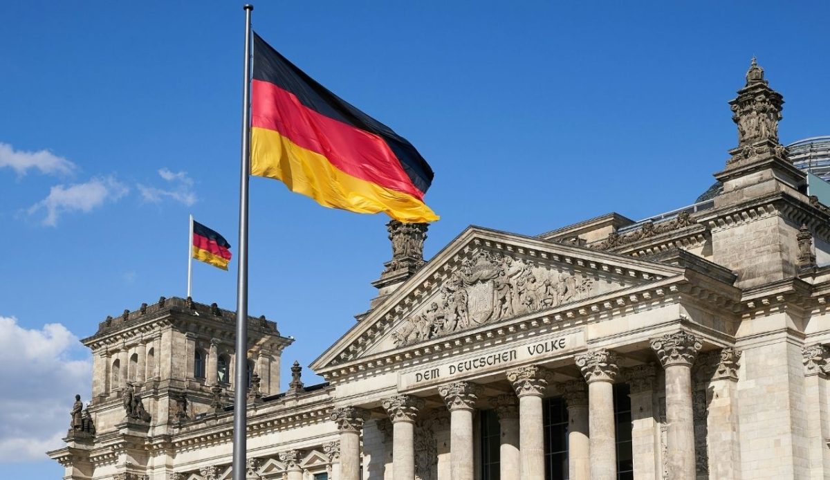 Close-up Deutscher Reichstag with german flags             