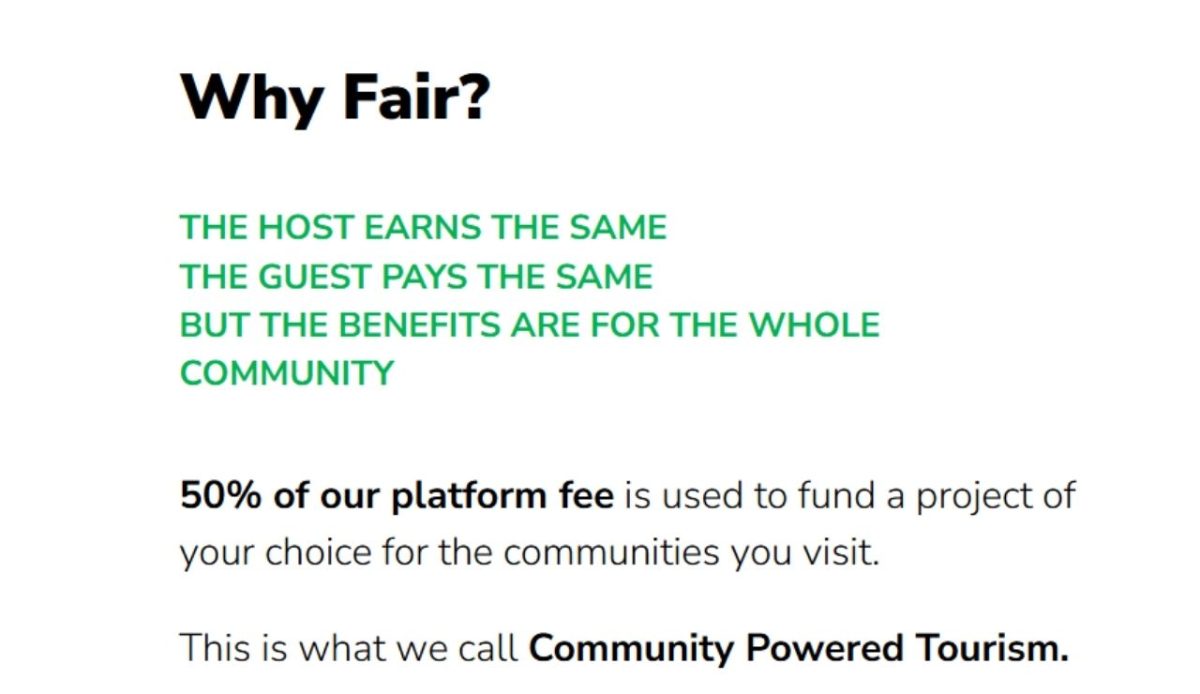 Fairbnb page explaining community powered tourism and platform fee benefit message       