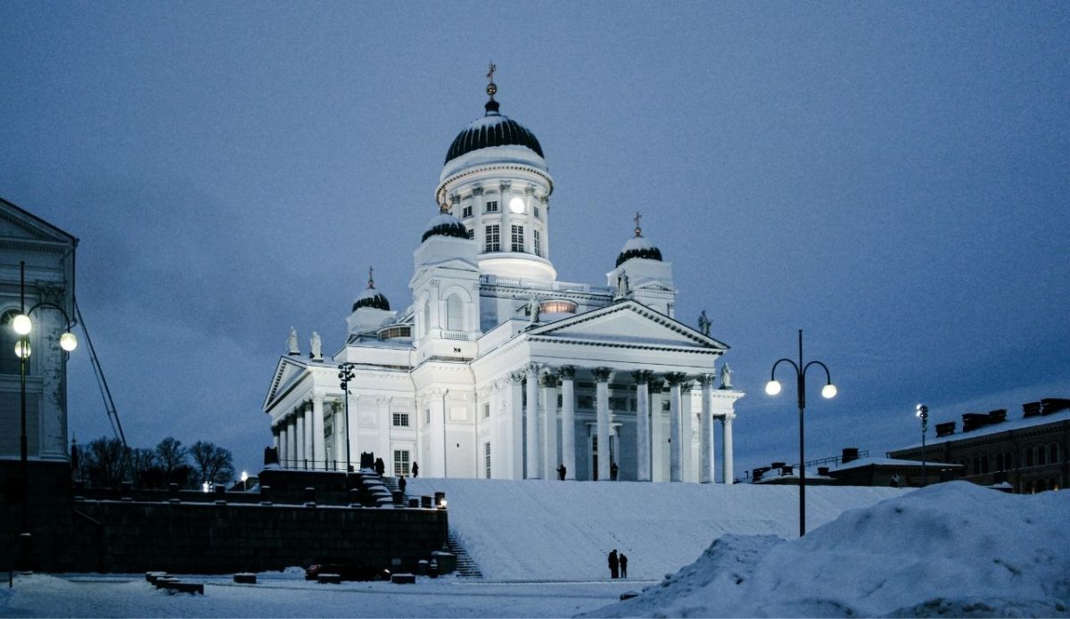 Helsinki Cathedral at Dusk in Snowy Winter, Helsinki, Finland         