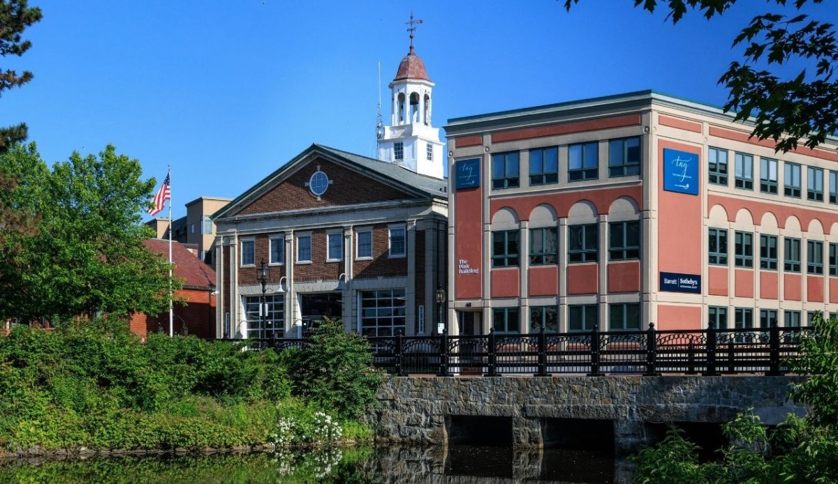 Historic Buildings Reflected in Winchester Canal, Winchester, Massachusetts                       
