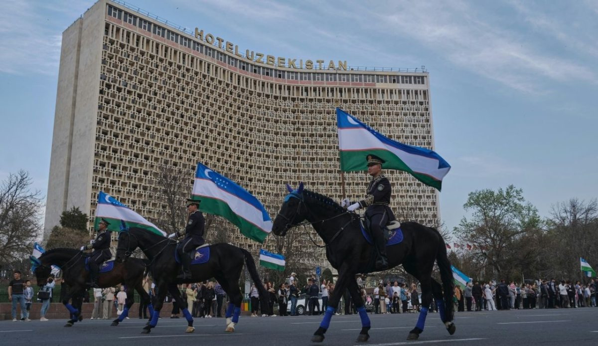 Horse parade in Tashkent’s Amir Timur Square, featuring the National Guard, a military band, and a festive procession                   