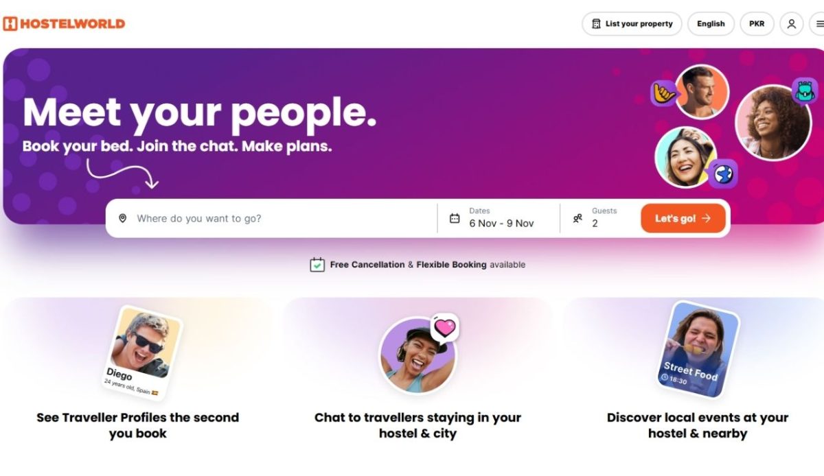 Hostelworld homepage showing search bar and travelers connecting in profile bubbles     