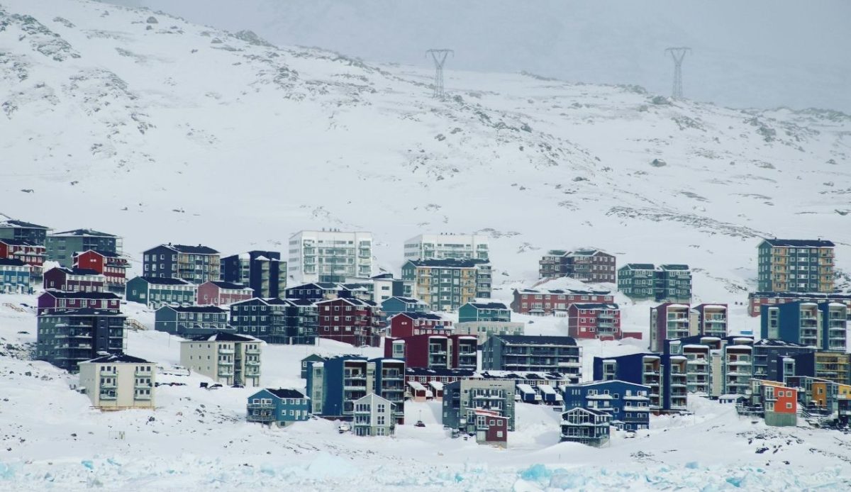 Houses near Mountain on Winter Day, Greenland        