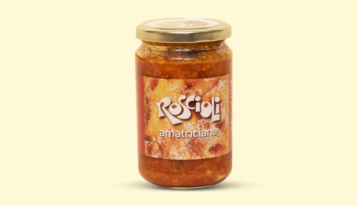 Jar of Roscioli amatriciana pasta sauce with a gold lid on a light background               