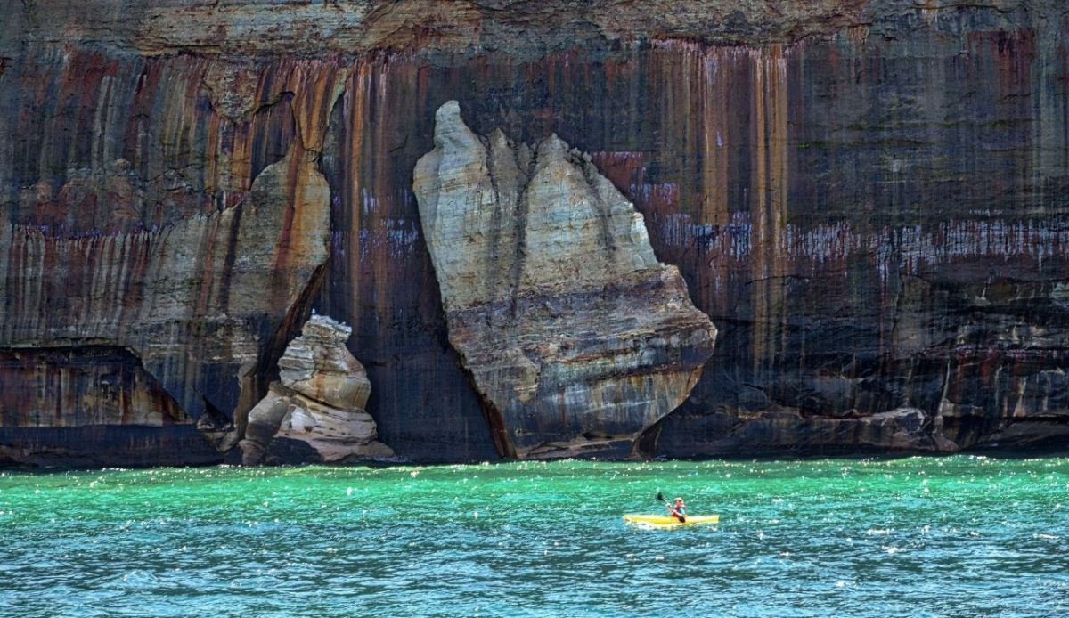 Kayaking Near the Cliffs,Pictured Rocks, Munising Township, Michigan, USA        