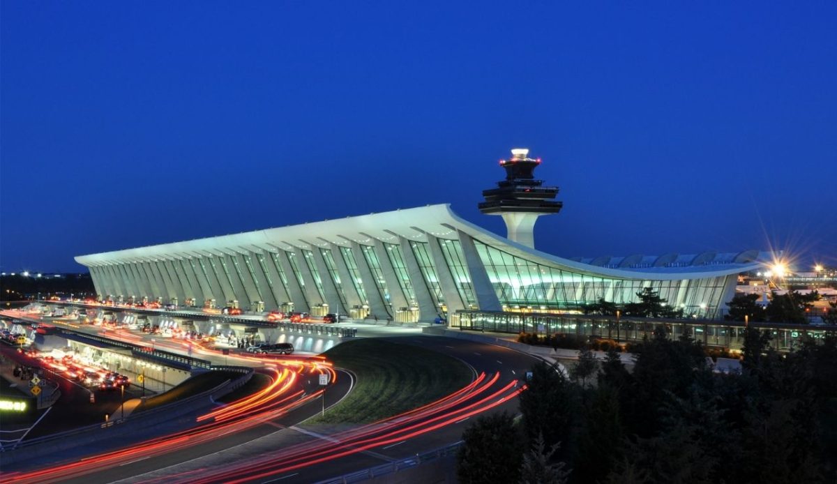 Main Terminal of Washington Dulles International Airport at dusk in Virginia, USA               