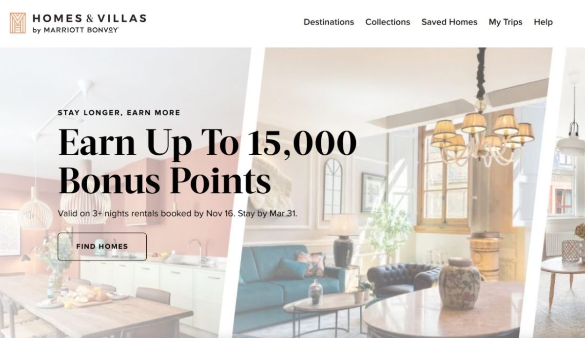 Marriott Homes & Villas website banner promoting bonus points offer         
