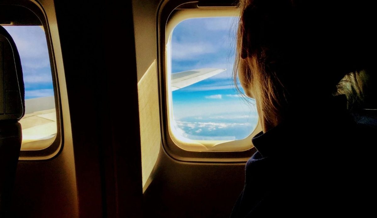 Person sitting on a aisle seat in airplane